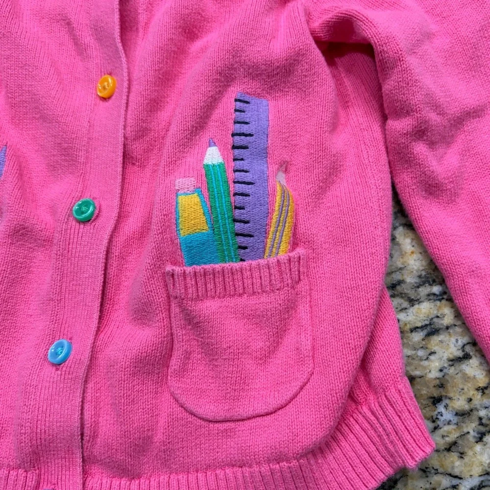 Gymboree Girls 4T Pink Cardigan School Supplies Art Embroidery Cotton Sweater